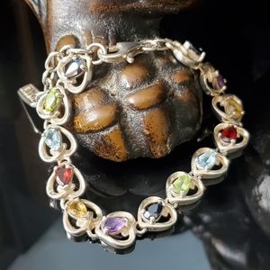 Vintage Badavici sterling multi gemstone hearts link tennis bracelet adjustable